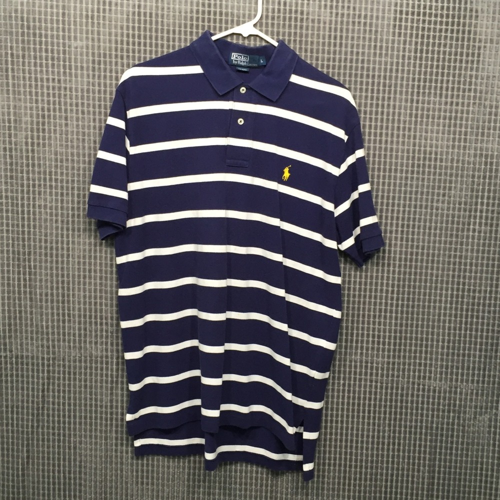 Polo Ralph Lauren Mens L Blue With‎ White Striped Cotton Pique Short Sleeve Polo